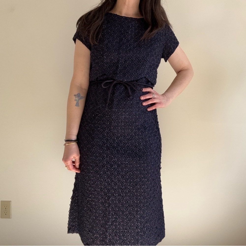 Vintage 60s Navy Ribbon Shift Hourglass Homemade Dress